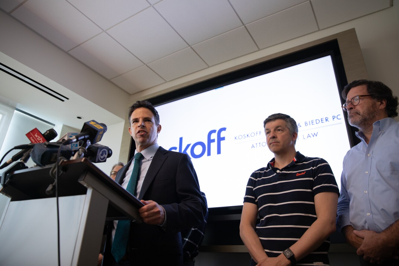 Josh Koskoff, a lawyer representing the families of Sandy Hook shooting victims, speaks at a press conference after the Connecticut Supreme Court ruling on March 14, 2019.